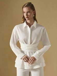 Briarwyn 女士休闲纯色褶腰长袖衬衫 - 白色 - 查看 9