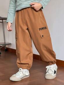 SHEIN Young Boys Casual Letter Embroidered Cargo Pants - Brown - View 6