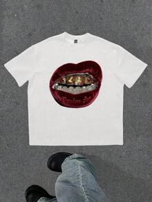Manfinity ZONE917 Oversized White Cotton T-Shirt With Street Style Red Silk, Red Lips, Gemstone, Teeth, And Virgin Mary Graphic (Wide Sleeves, Collar, And Hem)