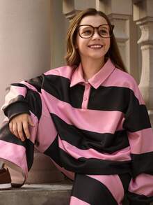 SHEIN Tween-Mädchen 2-teiliges Outfit, gestreiftes Sweatshirt mit lockerem Kragen und lockerer, lässiger Jogginghose, lässiges Herbst-/Winter-Farbblocking in Pink und Kaffee, weich und bequem für den Alltag - Pink - Übersicht 4