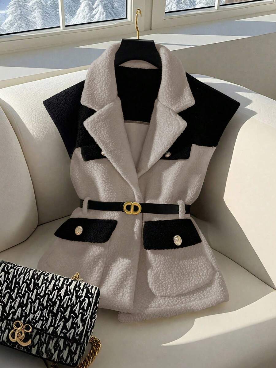 GlowEve Fashionable Sleeveless Color Block Jacket For Commuting, Autumn/Winter - Grey - View 1