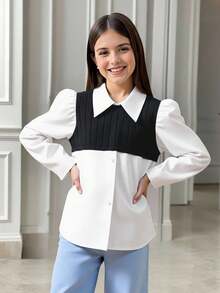 Tween Girl Two Tone Puff Sleeve 2 In 1 Blouse - Black - View 4