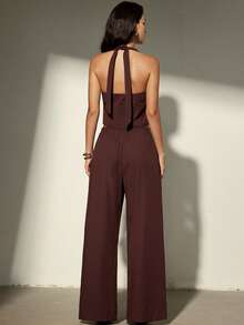 Aveloria Modichic Halter Neck Tie Bow Backless Design Loose Flowy Waist Elastic Waist Wide Leg Pants 2 Pieces Set - Chocolate Brown - View 2