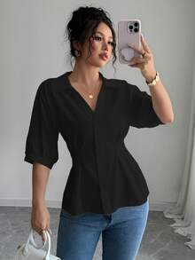 Franclia 高端白色 V 领短袖修身女士衬衫，简约衬衫 - 黑色 - 查看 3