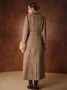 MOTF PREMIUM WOOL TWEED ELEGANT LUXURY FURRY COLLAR BELTED OVERCOAT