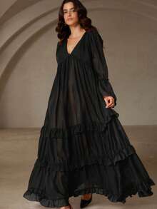 Arave Vestido con manga larga acampanada, cuello en V profundo, volantes y dobladillo con volantes en capas, de gasa color rojo ladrillo, estilo bohemio reversible para mujer - Negro - Ver 3