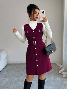 Elenzga Women's Elegant Vintage Corduroy V-Neck Metal Button Decor Sleeveless Textured Mini Dress