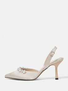 CUCCOO HITCHD Ladies' Apricot, Nude, And Ivory Colored Elegant High Heels For Dressy Occasions. It Features A Gorgeous Chain-Linked Shimmering Rhinestones Decoration And A Large Gemstone. The Shoes Are Made Of Luxurious Light Pink Satin With Pointed Silk Toe And Black High Heels. They Are Designed For Parties, Formal Events, And Weddings. Foldable Butterfly Orchid Flowers And Buckle Closure Add To The Beautification Of The Shoes. Spring Shoes Spring Break Easter Prom Heels For Christmas Elegant Shoes - Beige - View 7