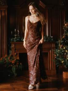 Anewsta 性感优雅闪亮珠绣吊带派对鸡尾酒礼服，酒红色，适合新年、派对、婚礼等场合，优雅别致，时尚晚礼服 - 酒紅色 - 查看 1