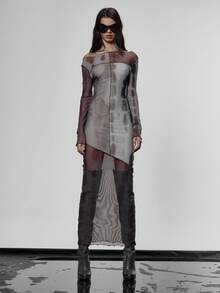 MUSERA 锁边印花网纱不对称长袖连衣裙，街头风，酷炫夜生活日常性感派对优雅之选。 - 彩色 - 查看 1