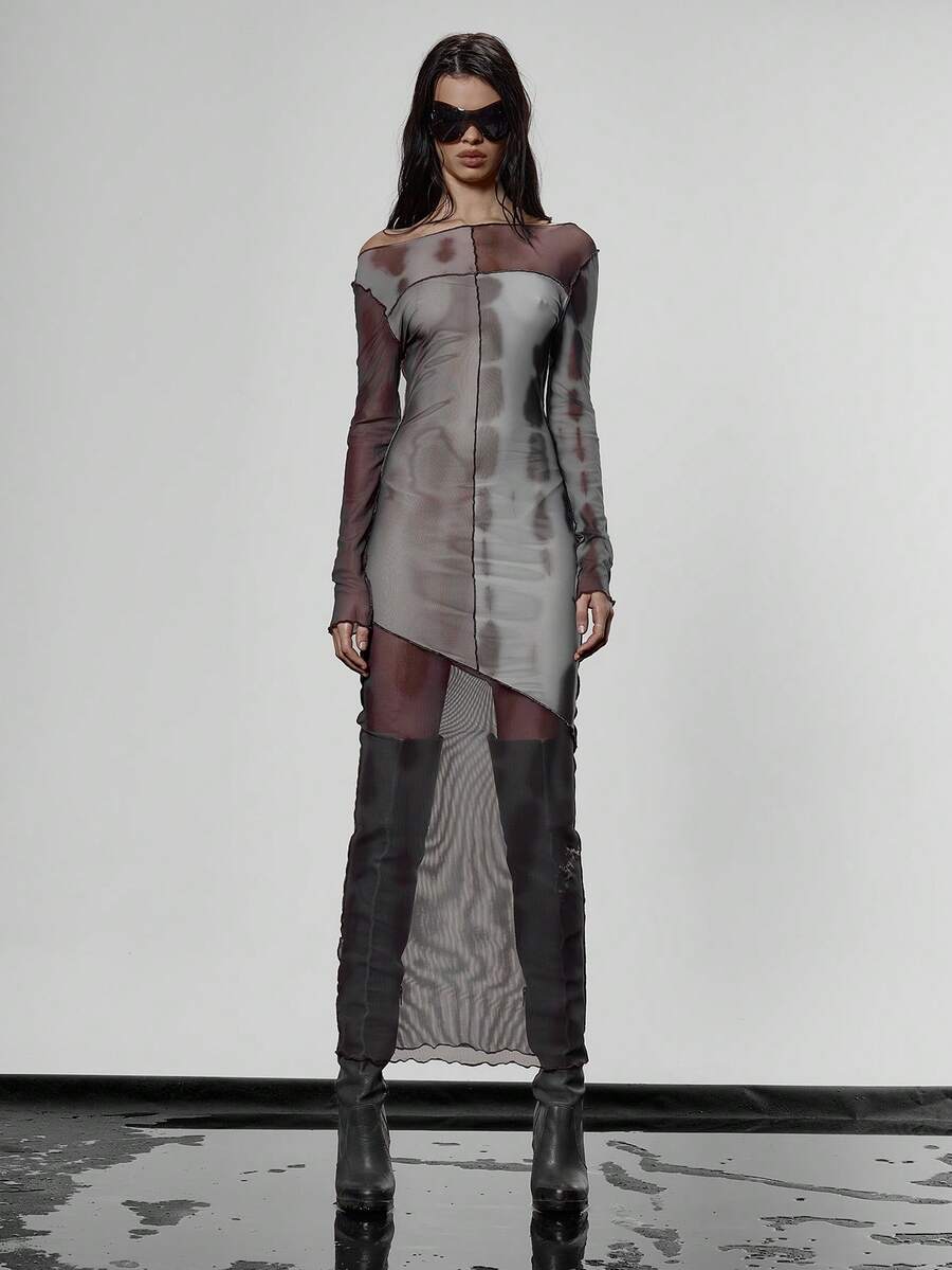 MUSERA 锁边印花网纱不对称长袖连衣裙，街头风，酷炫夜生活日常性感派对优雅之选。 - 彩色 - 查看 1