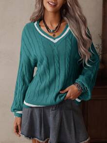 LanaWest Casual Contrast Color Trim Raglan Sweater, Autumn/Winter - Green - View 5