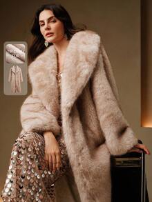 Anewsta 长款仿毛领大衣，秋冬人造毛皮夹克 - 米色 - 查看 1