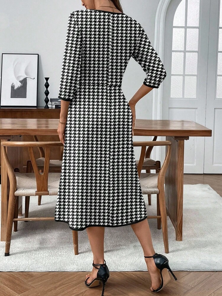 Women's Mid-Length Casual Houndstooth Print Dress, Suitable For Autumn/Winter Checkered Dress Women Work Dresses Houndstooth Dress Business Casual Woman Women Midi Dresses Business Casual Dress,Dresses For Women Elegant