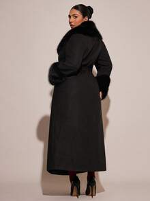 SHEIN BAE 大码优雅休闲长款人造毛皮纽扣系带长款羊毛混纺外套女士秋冬装 - 黑色 - 查看 3