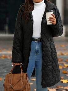 EMERY ROSE Women's Autumn/Winter Faux Fur Cuff Quilted Puffer Jacket With Hood And Pockets, Fashionable And Minimalist - Black - View 1