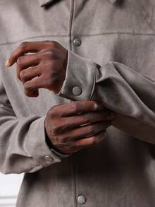 SUMWON Boxy Fit Suede Button Front Shirt And Relaxed Fit Pants Co Ord Set For Casual Comfort Plain - Khaki - View 6