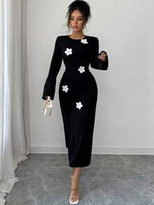 Modelyn Elegant Floral Jacquard Long Sleeve Midi Dress For Women,Daisy Flower Applique Black And White Autumn Dining Dress - Black - View 6