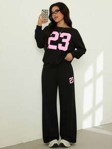 SHEIN PETITE 2pcs/Set Women Casual Numeric Print Long Sleeve Top And Long Pants Set,Cozy Fall And Winter Clothes For Women - Black - View 3