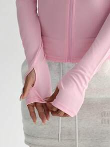 Dewbera Áo khoác thể thao nữ mùa thu/đông, chất liệu lụa sữa, có lỗ xỏ ngón tay cái, thích hợp cho các hoạt động thể thao ngoài trời, tập gym, tennis, yoga. Áo tập thể dục tay dài ôm sát dành cho nữ, khóa kéo phía trước, áo tập kín đáo dành cho nữ. - Nhiều màu - Xem 6