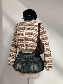 SHEIN Unity 双面羊羔绒印花立领宽松短款夹克 - 彩色 - 查看 4