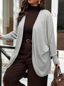 Vionelle Plus Size Women Elegant Gray Knit Blend Open Front Short Sleeve Cardigan