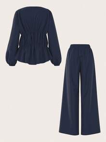 SHEIN PETITE Bộ áo dài tay buộc dây kẻ sọc dọc và quần dài cho nữ - Nhiều màu - Xem 2