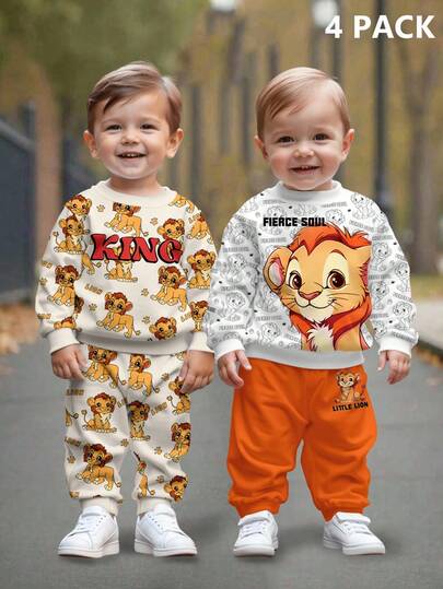 SHEIN 2pcs/Set Casual Loose Knitted Soft Pullover Sweatsuit For Baby Boys, Cartoon Lion, King, Tangerine, Orange, Little Lion Design, Suitable For Autumn/Winter