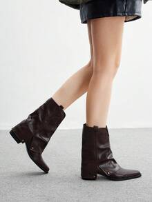 CUCCOO BIZCHIC Giày bốt cưỡi ngựa cao đến giữa bắp chân màu nâu đậm | Điểm nhấn đinh tán kép | Gót cao 5cm | Kết cấu nhăn tự nhiên | 2 đôi, kiểu dáng da sang trọng - màu nâu - Xem 9