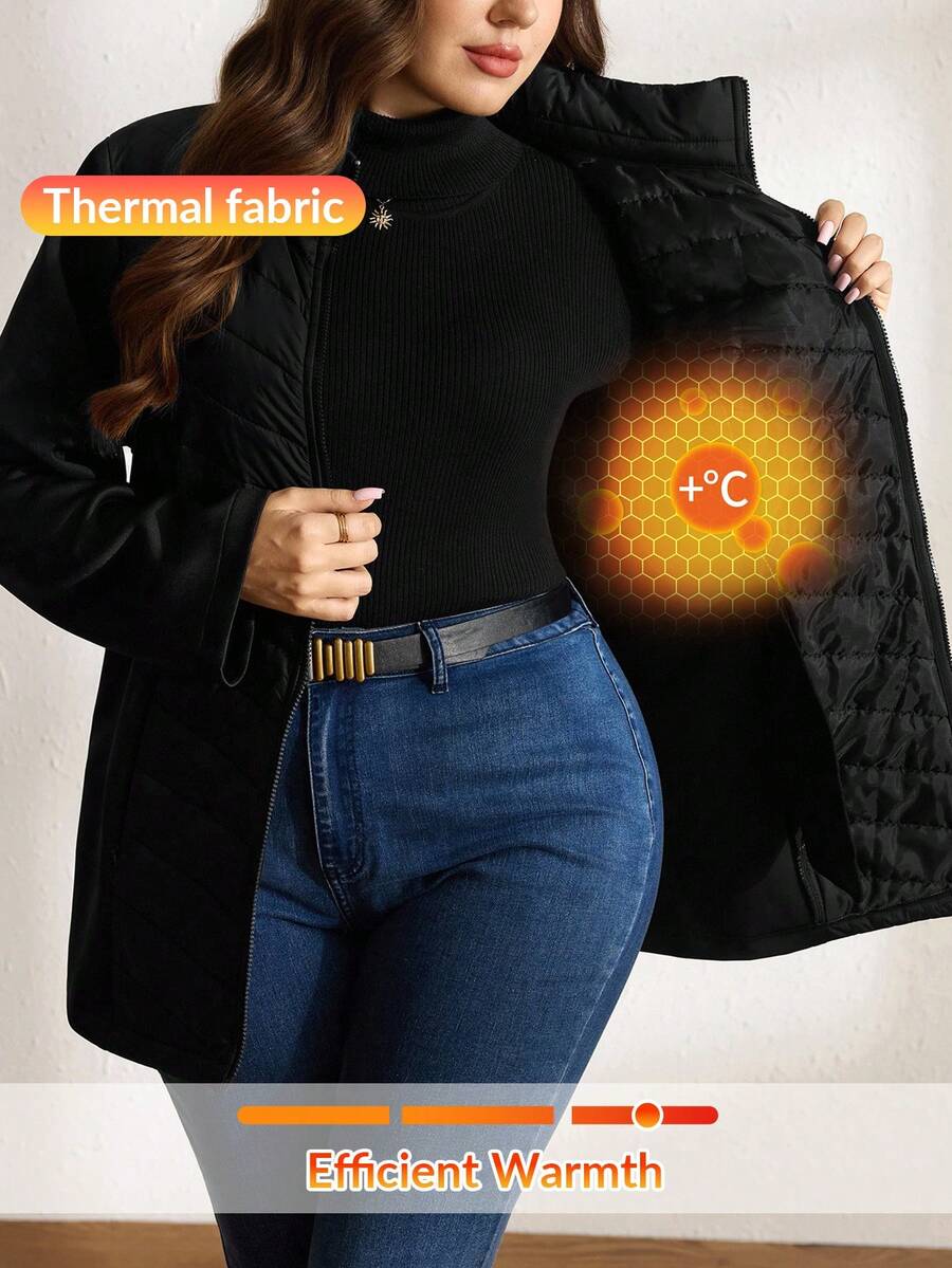 Comfylo Áo khoác mùa đông thường ngày tay dài màu trơn cỡ lớn cho nữ có khóa kéo túi trước - màu đen - Xem 1