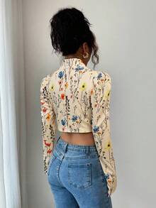 Elenzga Chaqueta súper corta con estampado floral aleatorio para mujer