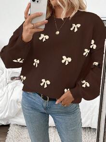 SHEIN LUNE 2024秋冬新款博主风可爱蝴蝶结设计休闲套头毛衣 - 彩色 - 查看 4