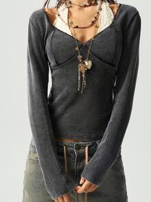 Bohemela Women's Casual Solid Color Knit Sweetheart Neck Long Sleeve Fitted Washed T-Shirt - Black - View 6