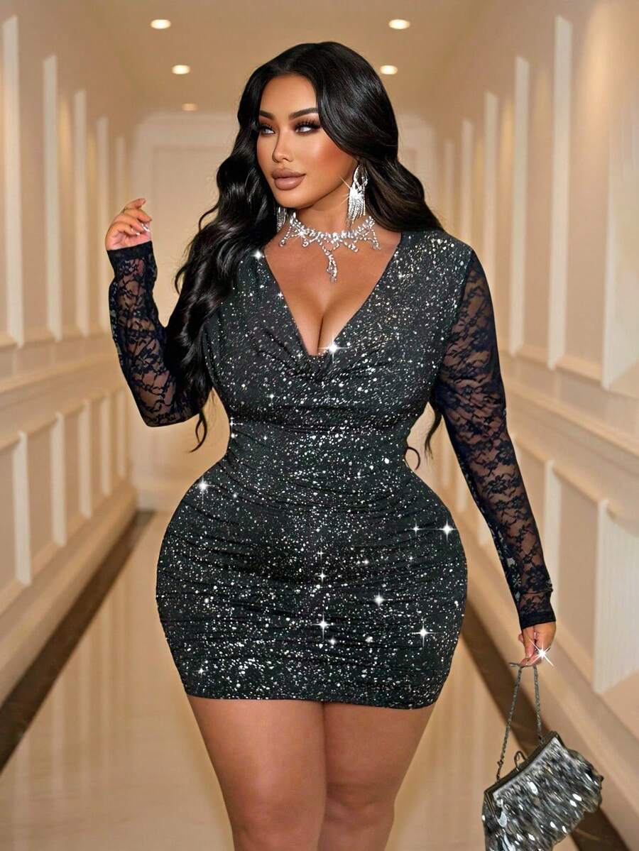 Flirla Romantisches Kleid in Große Größen mit drapiertem Ausschnitt, Kontrastspitze und anliegenden Ärmeln, geeignet für Partys, Weihnachtspartys - Schwarz - Übersicht 1