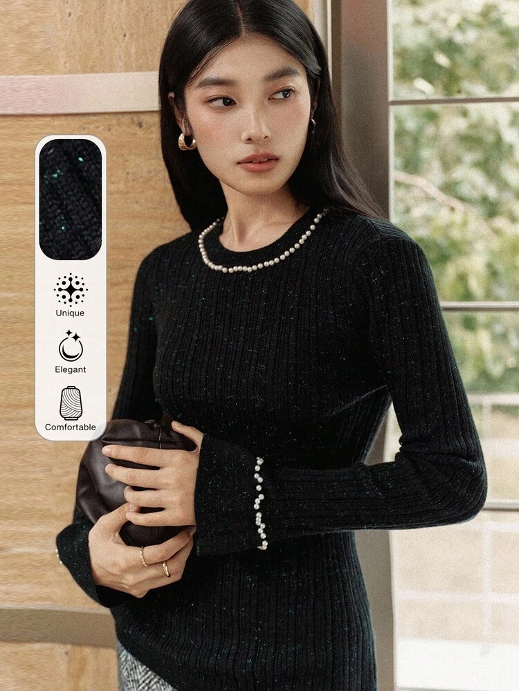 Women's Elegant Pearl Decor Loose Fit Casual Business Knit Sweater, Autumn/Winter