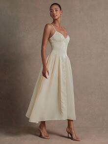 L'Amorae Jacquard Satin Mixed Media Contrast Midi Length Dress Wedding Birthday Graduation - Apricot - View 4