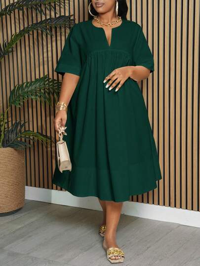 Slaydiva Plus Size Elegant & Commute & Vacation & Daily Loose Solid White Short Sleeve Notched Neck A-Line Knee-Length Dress For Women, Spring/Summer