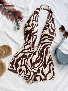 Soleia Women's Vacation White Knit Textured Wavy Pattern Deep V Neck Backless Sexy Bodysuit, Fashionable Fitted For Party, Date, Afternoon Tea, Boho Vacation, Beach, Summer Outfit