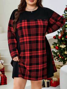SHEIN CURVE+ Sukienka w kratę i patchwork w dużym rozmiarze, czerwona, casualowa, świąteczna sukienka dla kobiet - Wielokolorowe - Zobacz 4