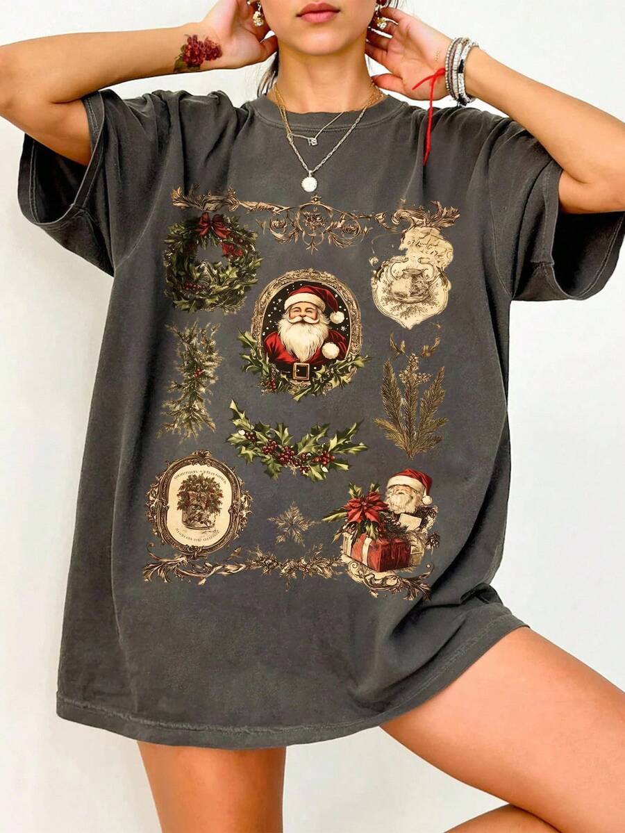 EMERY ROSE Áo thun cổ tròn tay ngắn in họa tiết ông già Noel cỡ lớn dành cho nữ - Màu xám đen - Xem 1