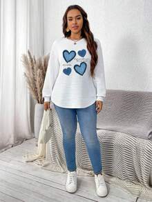 EMERY ROSE Heart Print Round Neck Plaid Texture Casual Sweatshirt, Fall/Winter - Multicolor - View 3