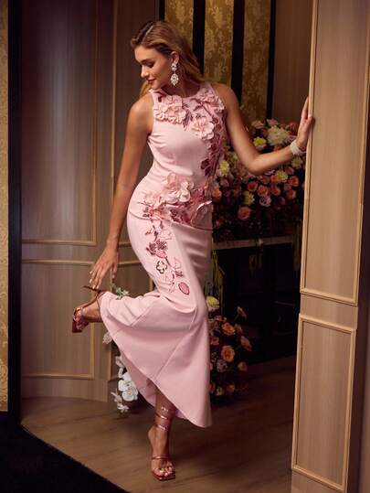 MOTF Soiréza WOMEN'S ELEGANT LONG DRESS WITH BEADED EMBROIDERY AND HANDMADE 3D FLORAL DECOR, CEREMONIAL