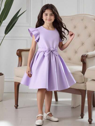 SHEIN Rund halsringad kortärmad klänning för flickor med dubbelt lager och kort ärm