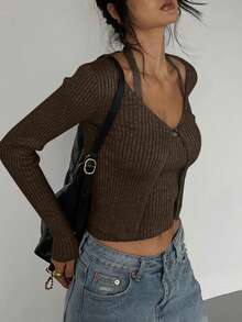 DAZY 2件套女士紧身吊带背心开衫毛衣套装 - 棕色 - 查看 1