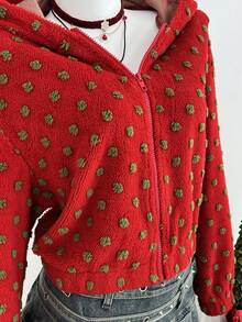 SHEIN Unity 女士红色圣诞树拉链落肩卫衣 - 紅色 - 查看 3