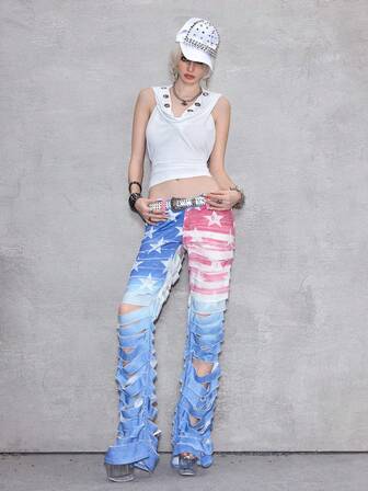 J-Fashion Jeans taille basse délavés style Y2K pour femmes avec imprimé drapeau et étoile