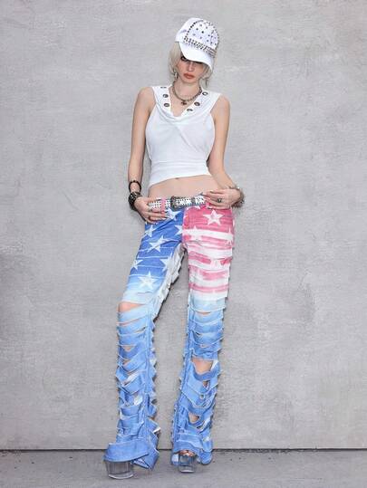 J-Fashion جينز نسائي منخفض الخصر مع طباعة علم ونجوم بتأثير تمزق من طراز Y2K