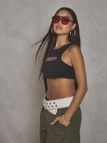 MUSERA 露脐印花标语露肩上衣，酷女孩街头风日常秋季学院风1997派对春夏假日款 - 黑色 - 查看 3