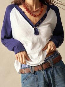 Bohemela Women's Casual Knit Color Block Half-Zip T-Shirt