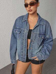 Rivivi 休闲水洗落肩宽松牛仔夹克，秋季 - 中等水洗藍 - 查看 1